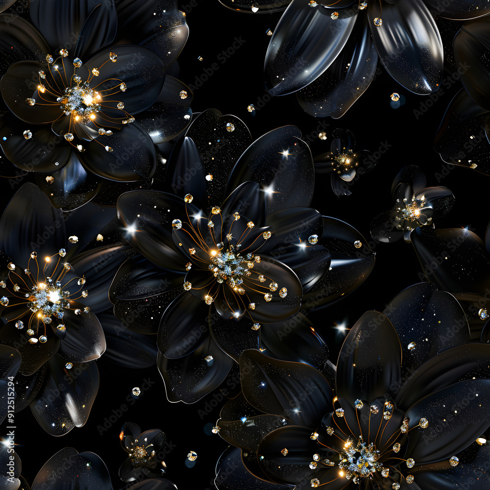 Poster seamless pattern with black and gold flowers sparkling with diamonds