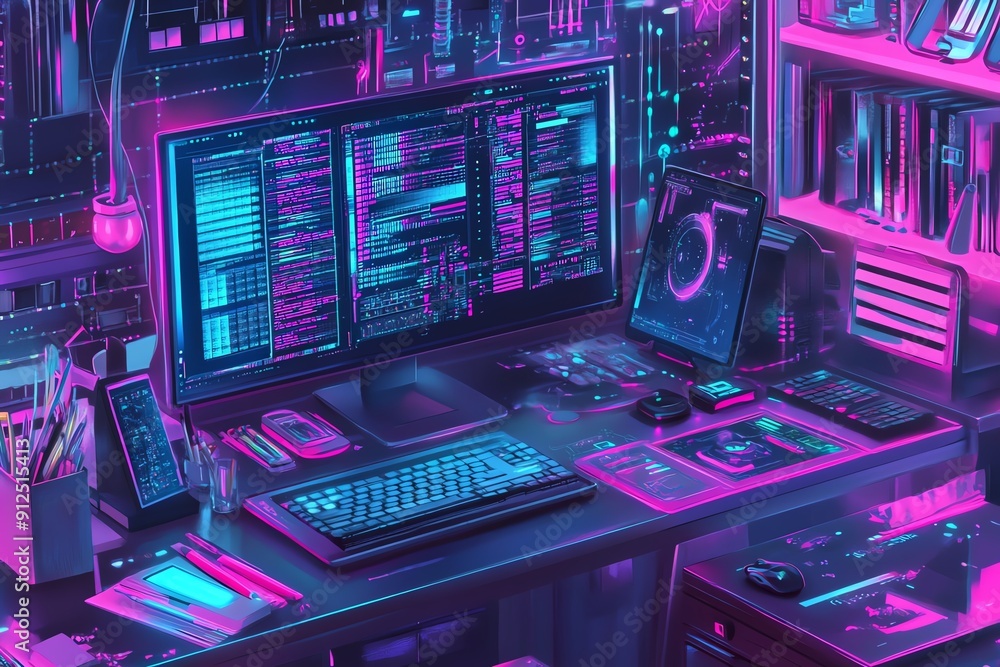 Poster futuristic workspace featuring a high-tech computer setup with vibrant neon colors, ideal for tech e