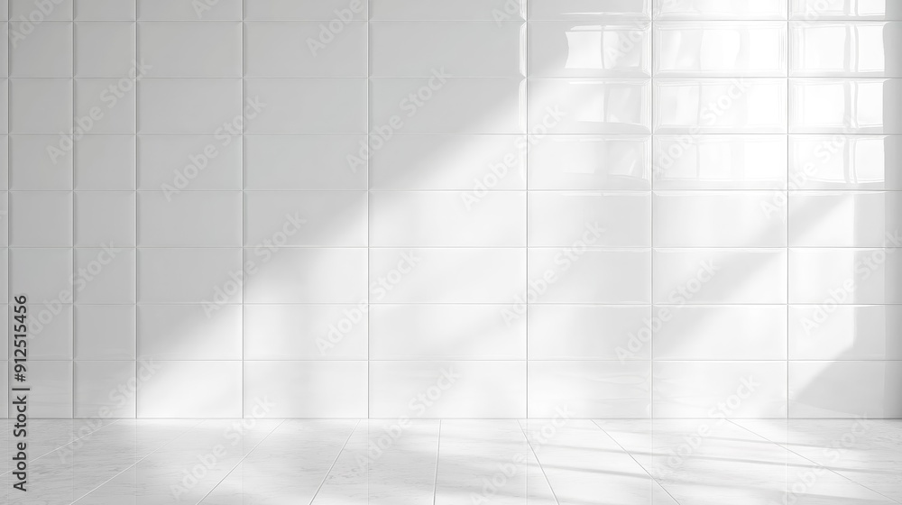 Poster white ceramic tile table with empty space and sunlight. kitchen white background podium table for pr