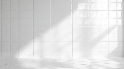 White ceramic tile table with empty space and sunlight. kitchen white background podium table for product placement and design. White room with tile wall and sunlight
