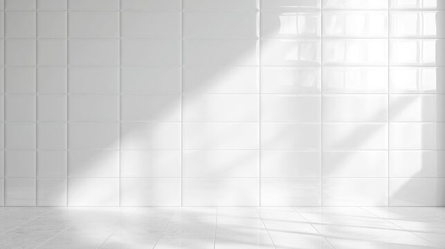 White ceramic tile table with empty space and sunlight. kitchen white background podium table for product placement and design. White room with tile wall and sunlight