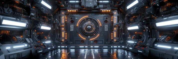 Scifi cyber space age material multifunctional background wall . Wide format panel design. Dark galaxy light. space travel. sci-fi hand edited generative AI.
