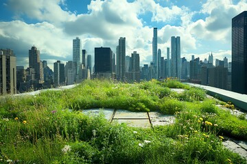 Fototapeta premium Lush greenery on a rooftop garden with a stunning city skyline in the background under a bright blue sky.