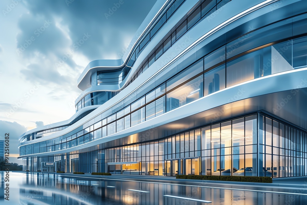 Poster modern architectural design showcasing a sleek, futuristic building with large glass windows and dyn