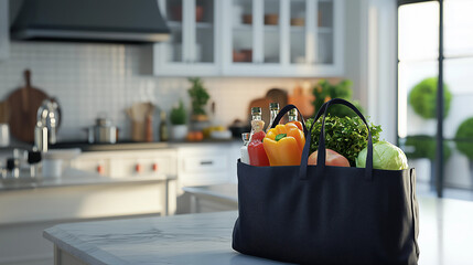 Plain black grocery tote shopping bag meal prep kitchen budget cost living planning family vegetables home cooking healthy food struggle savings banner background copy space modern family lifestyle ad