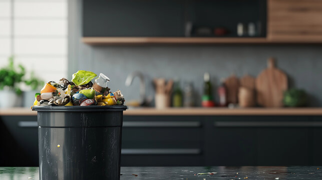 Neat overflowing plastic garbage trash bin modern black kitchen home interior waste management cleaners  recyclers sanitation cleaning eco sustainability background copyspace