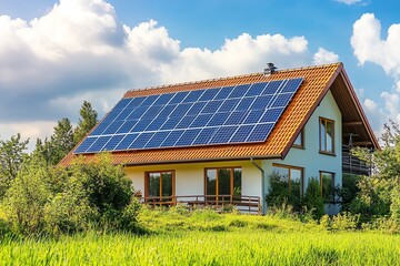 Modern home with solar panels, surrounded by greenery under a blue sky, showcasing sustainable living and eco-friendly technology.