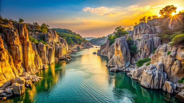 Spectacular Bhedaghat valley in Jabalpur, Madhya Pradesh, India, featuring majestic marble cliffs along the serene Narmada River, bathed in warm golden light.