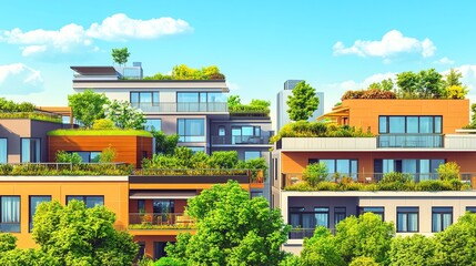 Obraz premium Modern residential buildings with green rooftops and vibrant exteriors, showcasing sustainable architecture in a sunny environment.