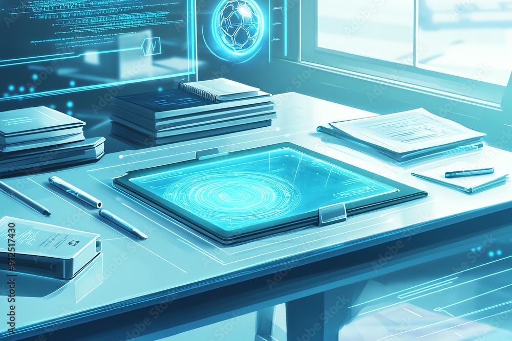 Poster modern workspace featuring a digital tablet and futuristic interface, ideal for tech-themed projects
