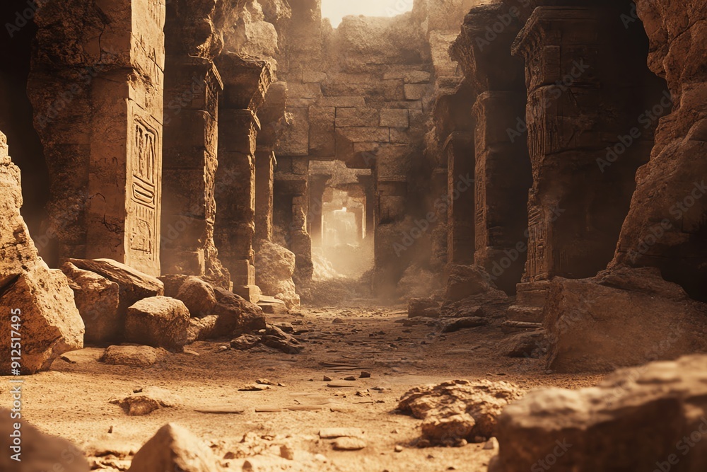 Poster mysterious ancient ruins with dusty pathways and weathered stones illuminated by soft light, invitin