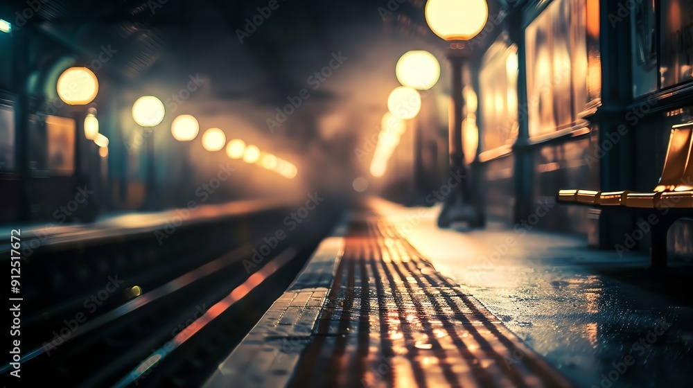 Poster mysterious subway platform illuminated by soft lights, creating a serene yet eerie atmosphere, perfe