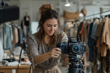 A woman photographer is meticulously adjusting her camera on a tripod in an indoor setting, showing her commitment to capturing the perfect shot amid a studio backdrop.