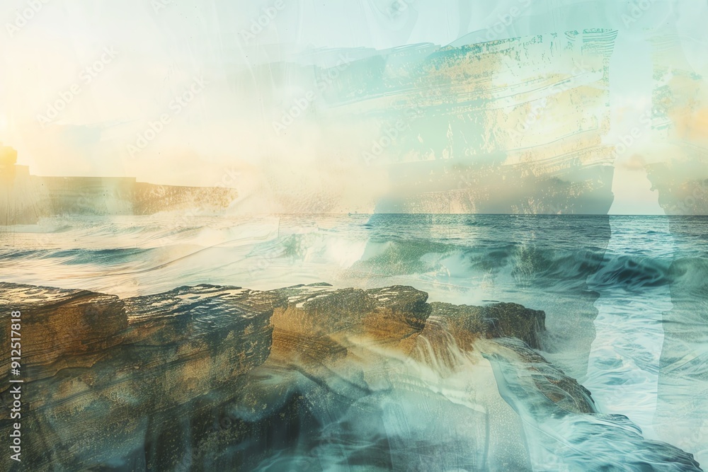 Poster serene coastline at sunset with gentle waves and soft reflections creating a tranquil and dreamy atm