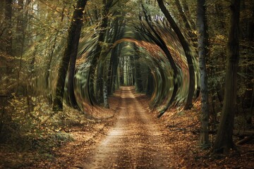 Obraz premium Serene forest path surrounded by lush trees and fallen leaves, inviting nature lovers to explore its tranquil beauty.