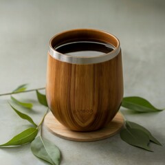 cup of coffee in wooden cup with leaves