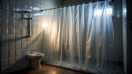 Foam-backed, semi-transparent white plastic curtain hangs lifelessly, casting an ominous ambiance in a dimly lit bathroom, evoking a sense of foreboding and unease.