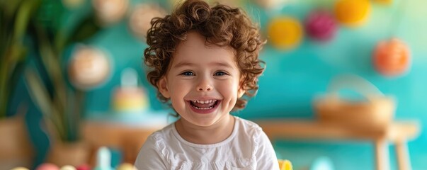 Autistic child smiling through challenges, supportive care, emotional resilience, inclusive environment, colorful setting, developmental support, joy