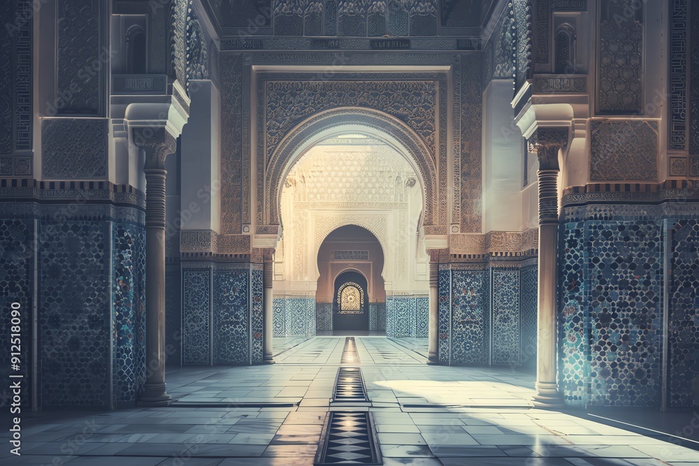 Poster stunning architectural details of a serene corridor with intricate patterns and soft lighting, invit