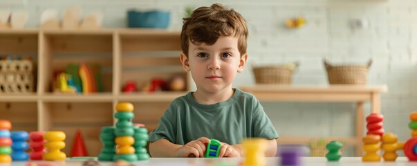 Autistic child playing with sensory toys in therapy session, occupational therapy, focused activity, inclusive environment, developmental support, therapist guidance