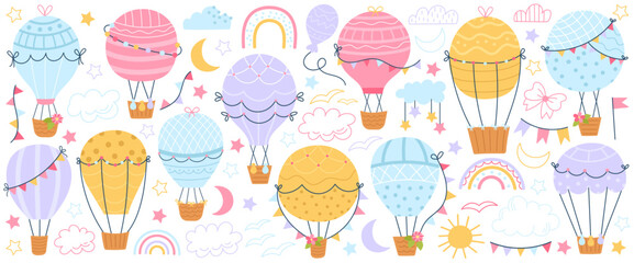 Cute childish doodle air hot balloons travel aircraft transport in sky vector illustration set