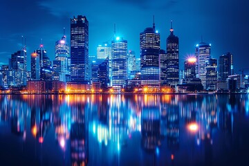 Stunning city skyline at night with illuminated buildings reflected in water, creating a vibrant urban landscape.