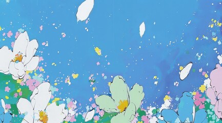 Abstract Painting Of White Flowers And Green Shapes On A Blue Background