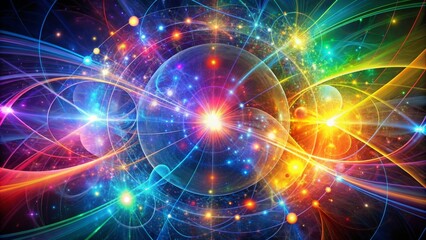 Obraz premium Abstract representation of quantum physics concepts with vibrant colors and dynamic shapes, science, quantum mechanics