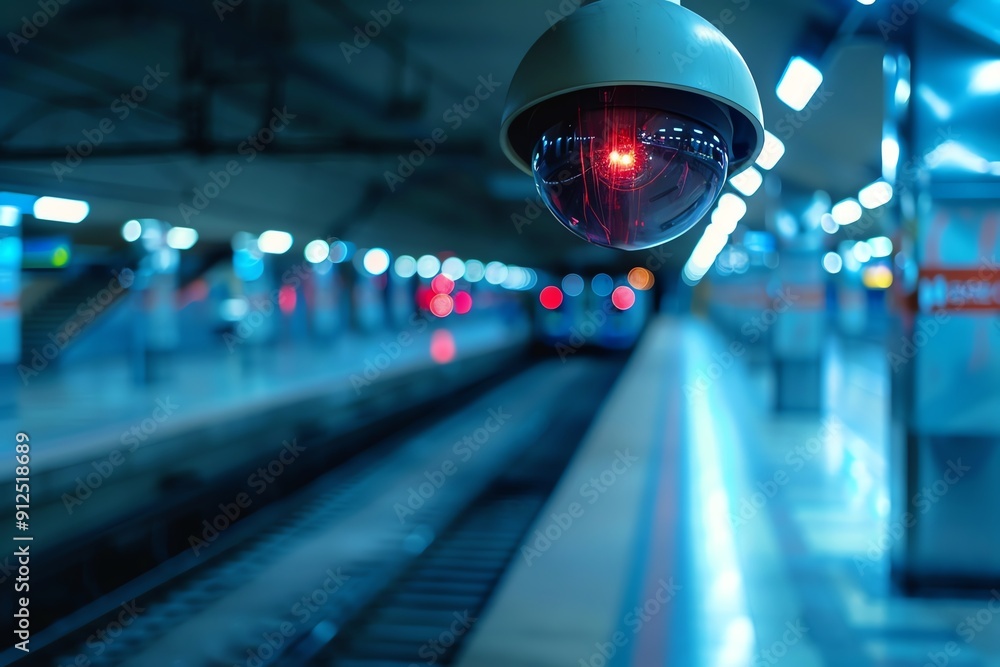 Poster surveillance camera monitoring a subway station platform, highlighting security in urban transit env