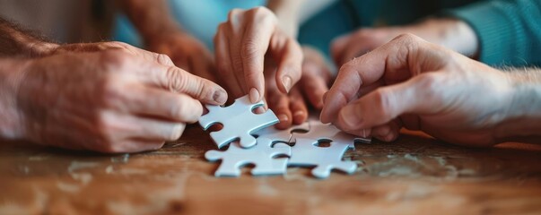 Close-up of hands on a puzzle piece, symbolizing Autism support, connection, community, helping hands, support group, Autism spectrum disorder, diverse group, teamwork