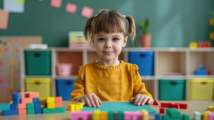 Fototapeta premium Teacher guiding autistic child through learning activities, educational tools, focused progress, colorful classroom, supportive environment, developmental support, engaged study