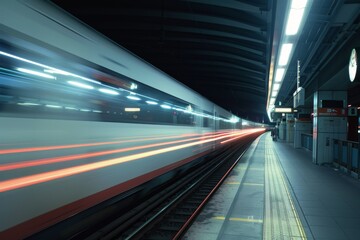 High speed magnetic train in motion at train station