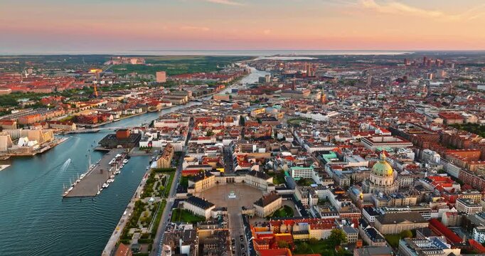 Aerial drone view of Amalienborg Palace, Frederik's Church and the city centre of Copenhagen, Denmark