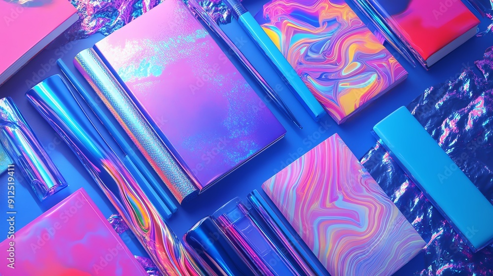 Poster vibrant collection of artistic notebooks with fluid patterns and metallic accents, perfect for creat