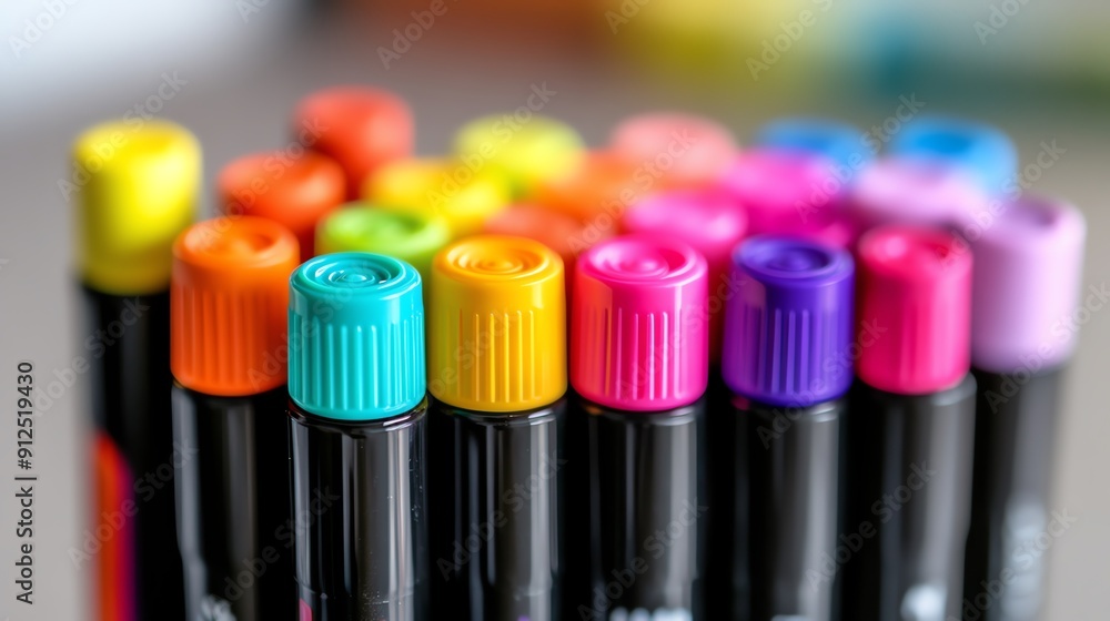 Poster vibrant collection of colorful markers arranged neatly, showcasing a spectrum of hues for creative p