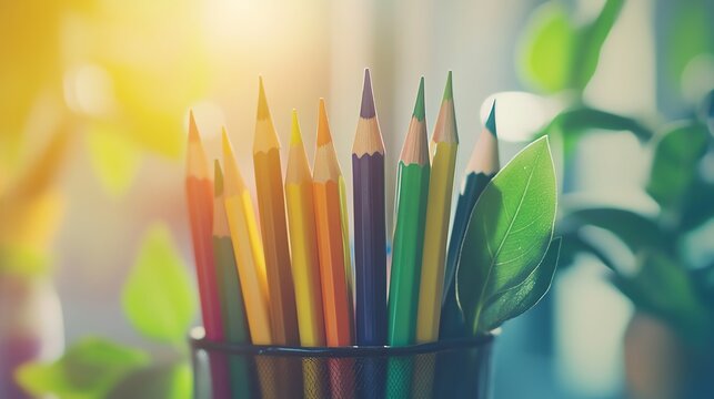 Vibrant colored pencils arranged in a holder with soft sunlight, perfect for art and creativity concepts.