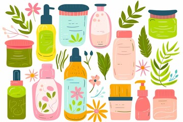 Colorful Collection of Natural Beauty Products Surrounded by Vibrant Plants and Flowers in a Whimsical Garden Setting