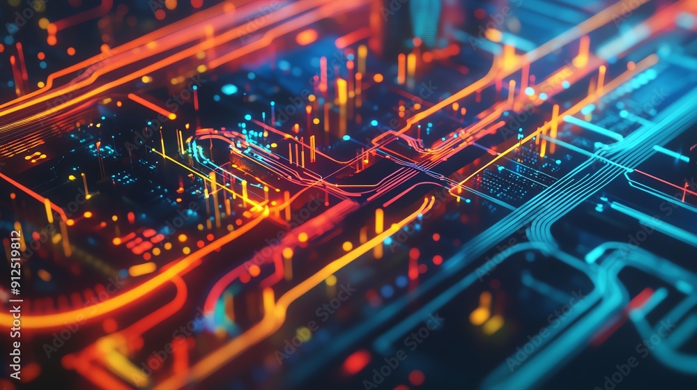 Poster vibrant digital circuit design with glowing pathways, perfect for technology concepts and futuristic
