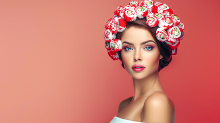 Beautiful young woman with hairstyle made from sushi. Fashionable model with conceptual Japanese food coiffure