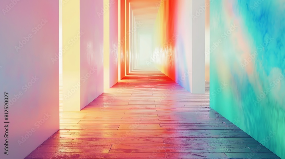 Poster vibrant hallway with colorful walls, illuminated by soft light, creating a surreal and inviting atmo
