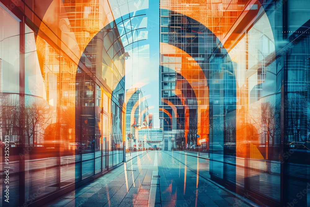 Poster vibrant reflection of modern architecture showcasing colorful arches and glass, creating a stunning 