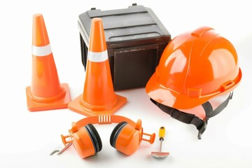 Bright Orange Safety Gear Ensemble Featuring Hard Hat, Cones, and Hearing Protection on a Clean Surface