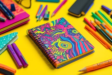 Naklejka premium Vibrant stationery set on a bright yellow background featuring a colorful notebook and various art supplies.