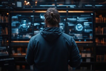 A man in a hoodie studies an advanced digital screen in a modern library, surrounded by books, symbolizing the convergence of traditional and digital knowledge.