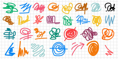 Charcoal pencil curly lines and squiggles. Scribble brush strokes vector set. Hand drawn marker scribbles. Black pencil sketches. Brush stroke lines, squiggles, daubs isolated.