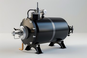 Black metal expansion tank standing on a white background