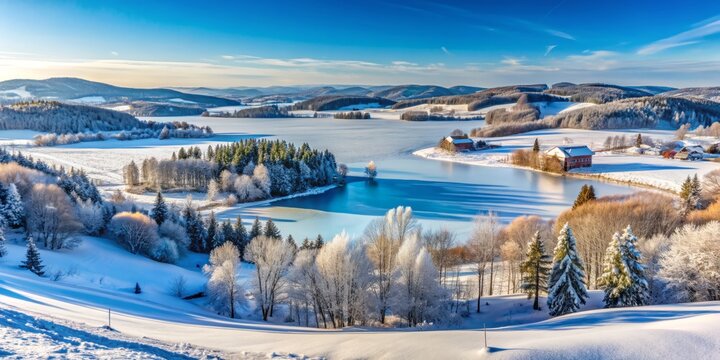 Snow-covered rolling hills and frozen lakes dot the serene winter landscape of Bromont, Shefford, Quebec, Canada, under a soft blue-gray sky with scattered trees.