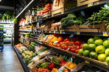 Fototapeta premium Vibrant grocery store aisle with an array of fresh produce and wholesome foods