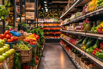 Obraz premium Vibrant grocery store aisle with an array of fresh produce and wholesome foods