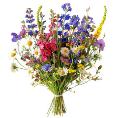A vibrant bouquet of wildflowers featuring colorful blooms including daisies and delphiniums, wrapped in a delicate arrangement for any occasion.